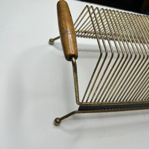 Mid-century modern brass and wood record magazine holder home - Picture 5 of 8